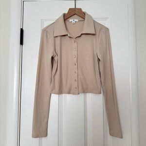 BP. Button Front Crop Polo Shirt Beige Oatmeal Light Heather XXS